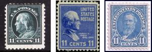 11 cent stamps, Franklin, Polk, Hayes